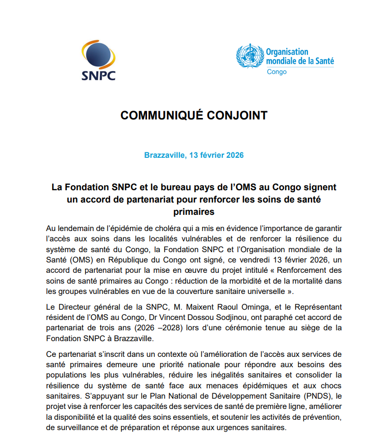 La SNPC et l'OMS signent un accord de partenariat pour renforcer les soins de santé primaires