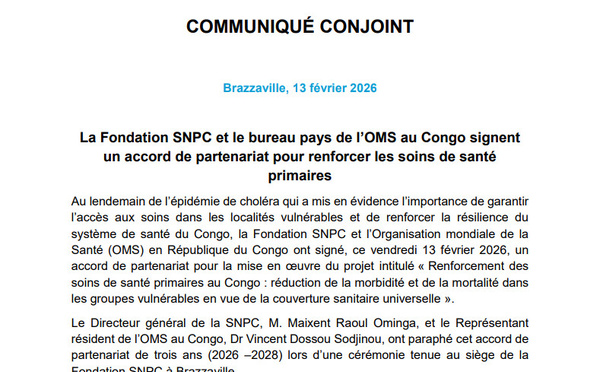 La SNPC et l'OMS signent un accord de partenariat pour renforcer les soins de santé primaires